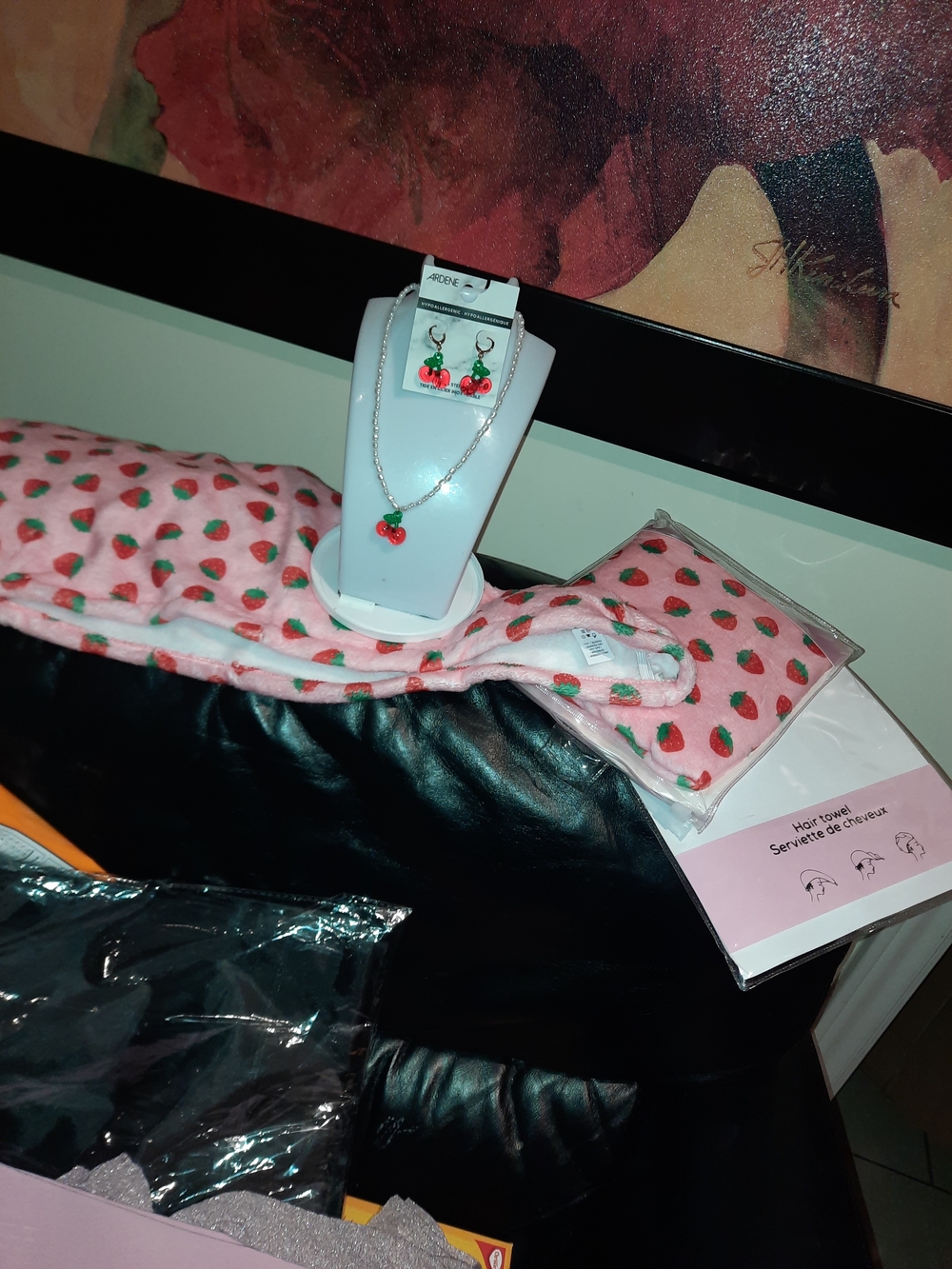 NWT Kids Pearls Cherry Necklace & Earring Set/ Pink Strawberry Hair Twist Towel